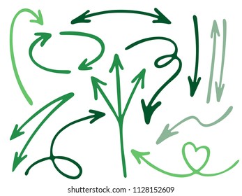 Hand drawn diagram arrow icons vector set. Up down pencil sketch arrows, right and left side pointers, cycle and direction symbols. Web interface design elements. Digital way pointers icon set.