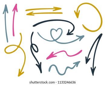 Hand drawn diagram arrow icons vector set. Up down pen sketch arrows, right and left direction pointers, cycle and way symbols. Business process scheme elements. Minimal way pointers icon set.