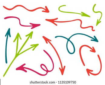 Hand drawn diagram arrow icons vector set. Up down pencil sketch arrows, right and left side pointers, cycle and direction symbols. Doodle infographic elements. Way pointers icon set.