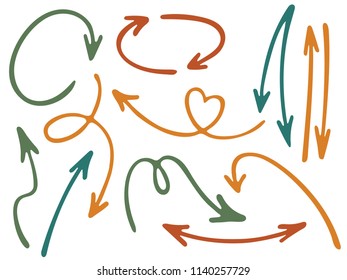 Hand drawn diagram arrow icons vector set. Up down pencil sketch arrows, right and left side pointers, cycle and direction symbols. Doodle infographic elements. Digital way pointers icon set.