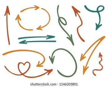 Hand drawn diagram arrow icons vector set. Up down pencil sketch arrows, right and left side pointers, cycle and direction symbols. Web interface design elements. Curve way pointers icon set.