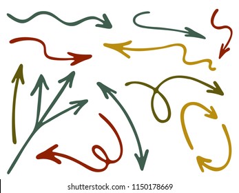 Hand drawn diagram arrow icons vector set. Up down marker sketch arrows, right and left direction pointers, cycle and way symbols. Scrible infographic elements. Digital way pointers icon set.