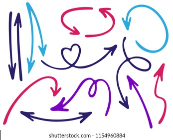 Hand drawn diagram arrow icons vector set. Up down pencil sketch arrows, right and left side pointers, cycle and direction symbols. Web interface design elements. Minimalist way pointers icon set.