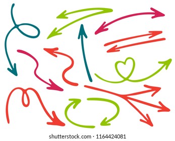 Hand drawn diagram arrow icons vector set. Up down marker sketch arrows, right and left direction pointers, cycle and way symbols. Business process scheme elements. Digital way pointers icon set.