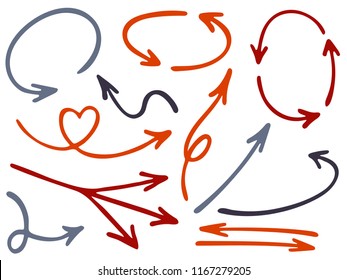 Hand drawn diagram arrow icons vector set. Up down marker sketch arrows, right and left direction pointers, cycle and way symbols. Business process scheme elements. Minimalist way pointers icon set.