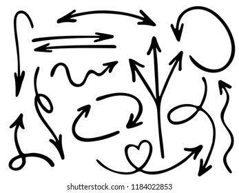 Hand drawn diagram arrow icons vector set. Up down marker sketch arrows, right and left direction pointers, cycle and way symbols. Doodle infographic elements. Cartoon way pointers icon set.