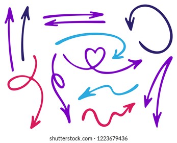 Hand drawn diagram arrow icons vector set. Up down pencil sketch arrows, right and left direction pointers, cycle and way symbols. Doodle infographic elements. Painted way pointers icon set.