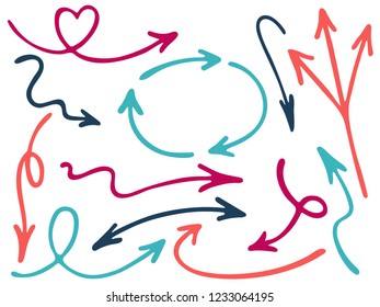 Hand drawn diagram arrow icons vector set. Up down marker sketch arrows, right and left direction pointers, cycle and way symbols. Scrible infographic elements. Curve way pointers icon set.