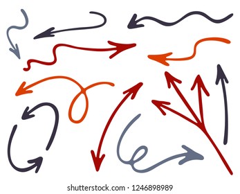 Hand drawn diagram arrow icons vector set. Up down pen sketch arrows, right and left direction pointers, cycle and way symbols. Business process scheme elements. Abstract way pointers icon set.