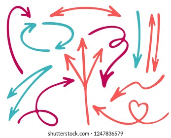 Hand drawn diagram arrow icons vector set. Up down pen sketch arrows, right and left direction pointers, cycle and way symbols. Business process scheme elements. Minimalist way pointers icon set.