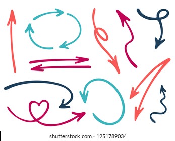 Hand drawn diagram arrow icons vector set. Up down pencil sketch arrows, right and left direction pointers, cycle and way symbols. Web interface design elements. Drawn way pointers icon set.