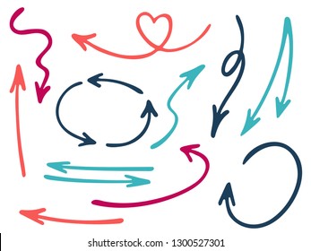 Hand drawn diagram arrow icons vector set. Up down pencil sketch arrows, right and left side pointers, cycle and direction symbols. Doodle infographic elements. Cartoon way pointers icon set.