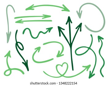 Hand drawn diagram arrow icons vector set. Up down pen sketch arrows, right and left direction pointers, cycle and way symbols. Dimensional coordinates graphics. Abstract way pointers icon set.