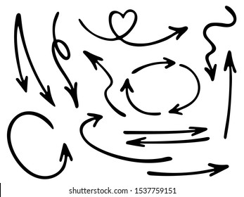 Hand drawn diagram arrow icons vector set. Up down pen sketch arrows, right and left direction pointers, cycle and way symbols. Dimensional coordinates graphics. Minimal way pointers icon set.