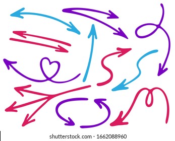 Hand drawn diagram arrow icons vector set. Up down pencil sketch arrows, right and left direction pointers, cycle and way symbols. Web interface design elements. Painted way pointers icon set.