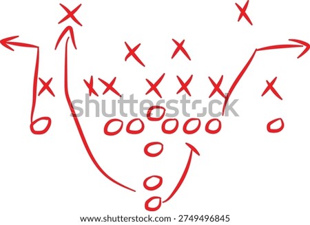 Hand drawn diagram illustrates a complex offensive football play strategy sketched using simple red crayon markings on white.