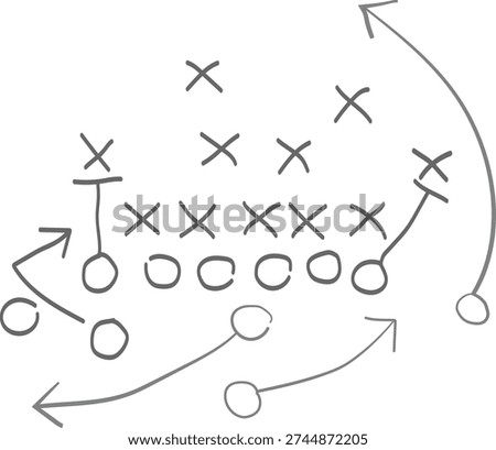 Hand drawn diagram illustrates a typical offensive football play formation with designated player routes and blocking assignments
