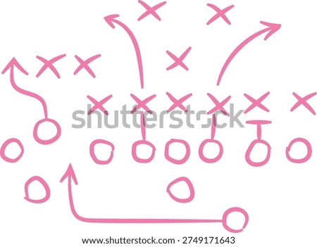 Hand drawn diagram illustrating complex American football offensive plays using simple circles and crosses symbols