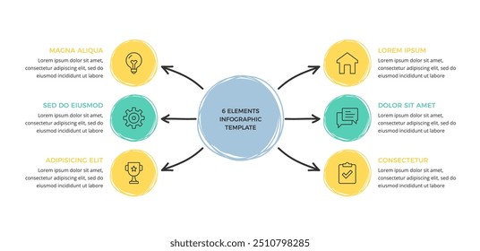 Modelo de diagrama desenhado à mão ou mapa mental com seis elementos, infográficos doodle, ilustração eps10 vetorial