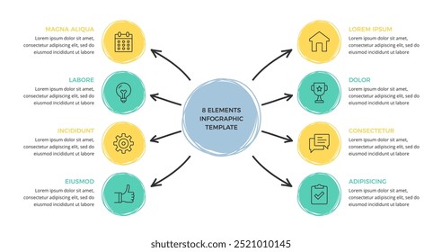 Modelo de diagrama desenhado à mão ou mapa mental com oito elementos, infográficos doodle, ilustração eps10 vetorial