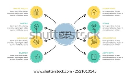 Hand drawn diagram or mind map template with eight elements, doodle infographics, vector eps10 illustration