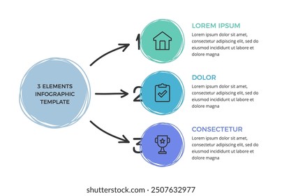 Hand drawn diagram template with 3 circles and arrows, doodle infographics,, vector eps10 illustration