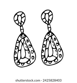 Hand drawn diamond earrings doodle vector illustration in drop shape. Can used for beauty banner for jewellery business. Drop earring sketch. 