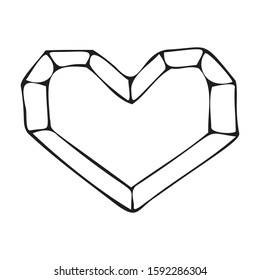 Hand drawn diamond shape heart single element. Vector illustration. Doodle style. Black outlines isolated on white background. Design for seasonal cards, posters and printed materials.