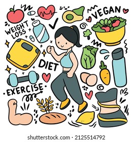 Hand Drawn Diet Doodle Set, Exercise and Healthy Food Vector Clipart