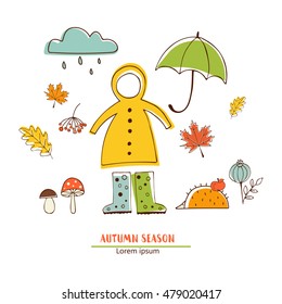 Hand drawn different autumn symbols - leaf, mushrooms, umbrella, pumpkin, hedgehog, slicker.  Autumn template. Clean vector series. 