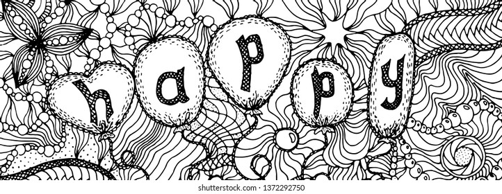 Hand drawn different ballons with the word Happy. Black pattern on white background with texture and tracery.