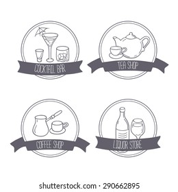 Hand drawn different beverage icon logos. Doodle emblems with drinks. Vector illustration