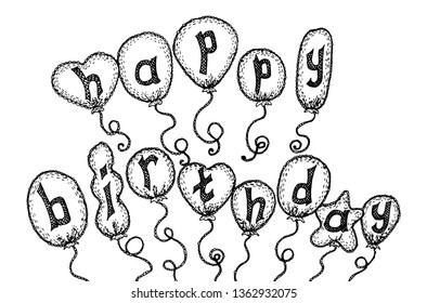 Hand drawn different birthday ballons. Black pattern on white background
