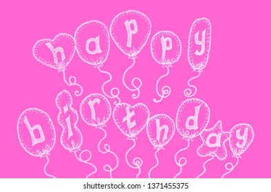 Hand drawn different birthday ballons with letters. White pattern on pink background