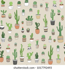  Hand drawn different cactuses in flower pots,sketchy doodle style. Vector seamless pattern.