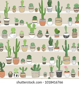  Hand drawn different cactuses in flower pots,sketchy doodle style. Vector seamless pattern.