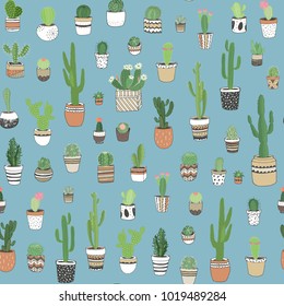  Hand drawn different cactuses in flower pots,sketchy doodle style. Vector seamless pattern.