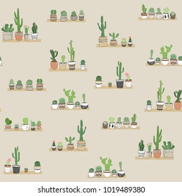  Hand drawn different cactuses in flower pots,sketchy doodle style. Vector seamless pattern.

