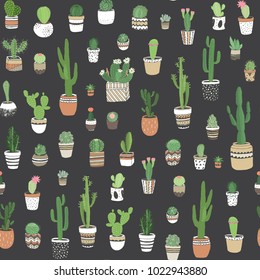  Hand drawn different cactuses in flower pots,sketchy doodle style. Vector seamless pattern.
