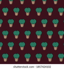 Hand drawn different cactuses in flower pots, sketchy doodle style. Vector seamless pattern.