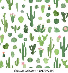  Hand drawn different cactuses in sketchy doodle style. Vector seamless pattern.