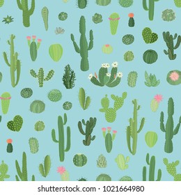  Hand drawn different cactuses in sketchy doodle style. Vector seamless pattern.
