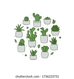 Hand drawn different cactuses and succulents in flower pots,sketchy doodle style. Set of decorative indoor and office plants in pot. Vector illustration.