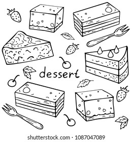 Hand drawn different cakes isolated on white. Vector illustration. Perfect for greeting card, postcard, print, coloring book.