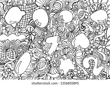 Hand drawn different celebration balloons. Black pattern on white background