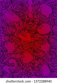 Hand drawn different celebration balloons. Black pattern on red and purple gradient colored background