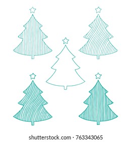 Hand drawn different Christmas tree set.
Isolated vector illustration. 
Can be used for greeting card, invitation, banner, web design.
