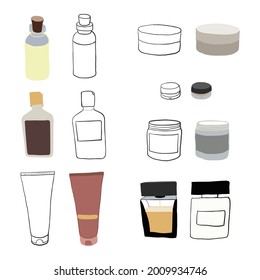 diferentes botellas cosméticas dibujadas a mano. Vector de tubo de crema. Plantilla de paquete de suero cosmético en blanco. flacón de pomada corporal. Dispensador de esencia hidratante de cara. ilustración vectorial plana sobre fondo blanco