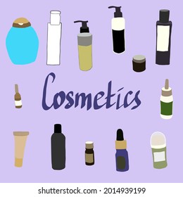 diferentes botellas cosméticas dibujadas a mano. Vector de tubo de crema. Plantilla de paquete de suero cosmético en blanco. flacón de tratamiento corporal. Dispensador de esencia hidratante de cara. ilustración vectorial plana sobre fondo blanco