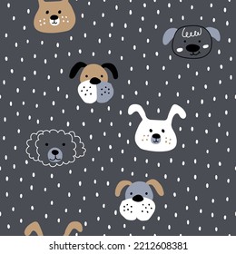 Hand drawn different dog faces on gray. Cute animal heads of different breeds, abstract. Seamless pattern with vector illustrations of dogs for a nursery or changing room.